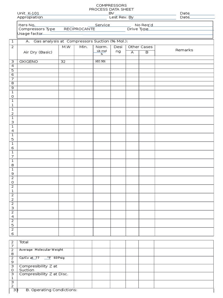 Compressors Process Data Sheet Overview | PDF | Technology & Engineering