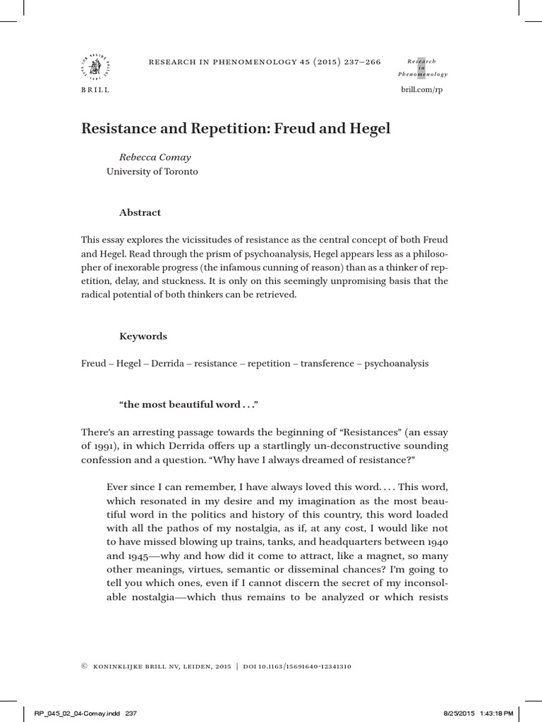 Resistance and Repetition Freud and Heg PDF Psychoanalysis