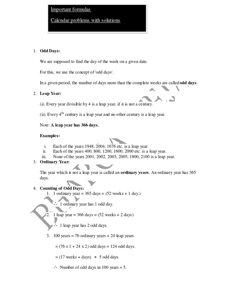 Important Formulas Calendar Problems With Solutions: Examples | PDF ...