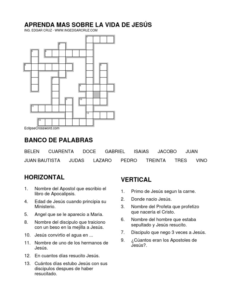 Crucigrama 001 Aprenda mas sobre la Vida de Jesús Alumno