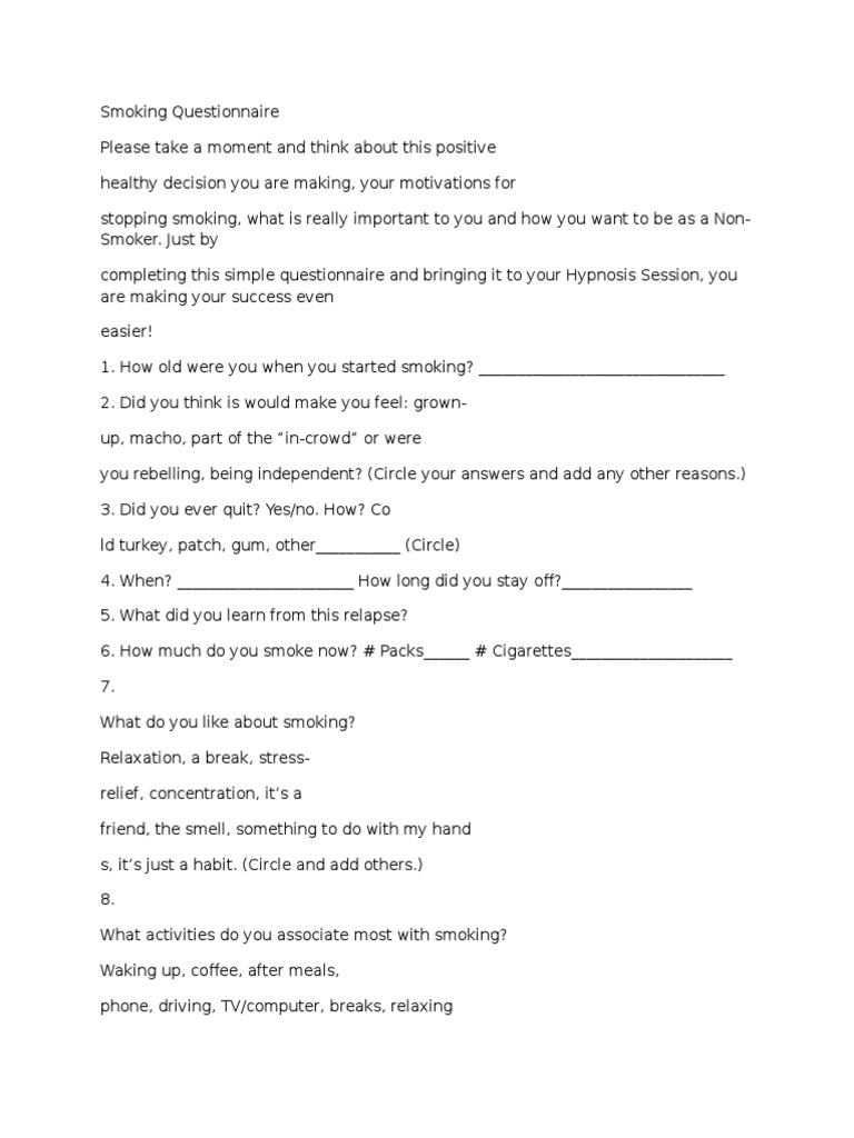 Smoking Questionnaire Tobacco Smoking Addiction