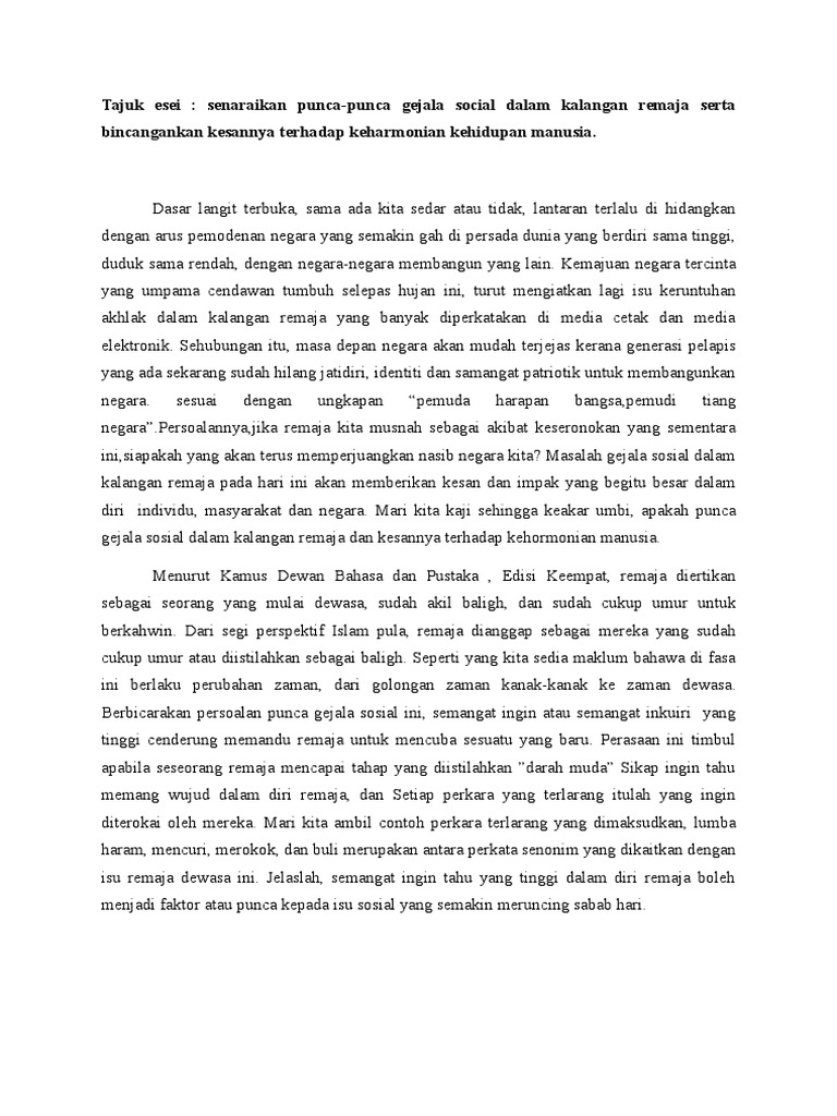 Contoh Karangan Punca Punca Gejala Sosial Dan Kesannya Pdf
