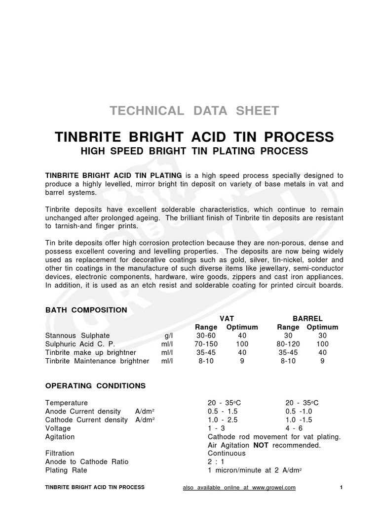 Tinbrite Bright Acid Tin Plating Process | PDF | Sodium Hydroxide | Tin