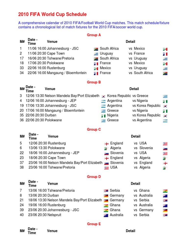 2010 FIFA World Cup Schedule PDF Football Codes Association Football
