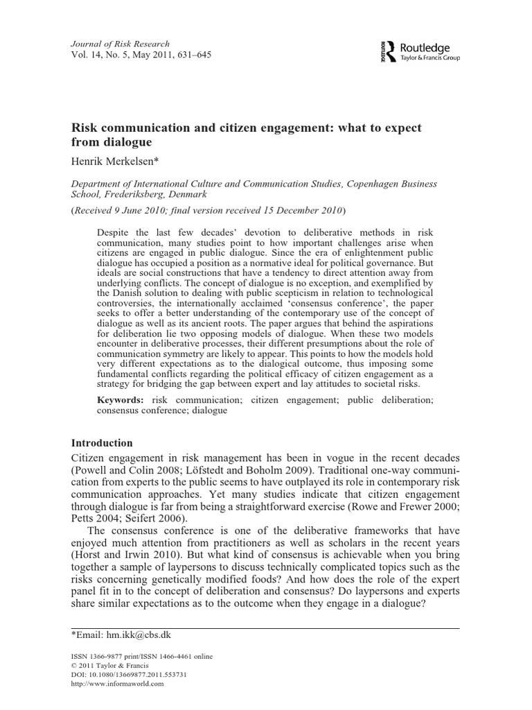 Risk Communication and Citizen Engagement: What To Expect From Dialogue ...