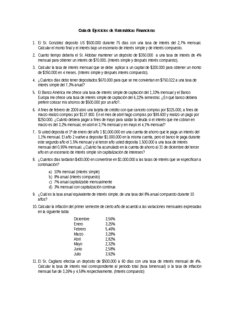 Guia de Ejercicios de Matemática Financiera | PDF | Tasas de interés ...
