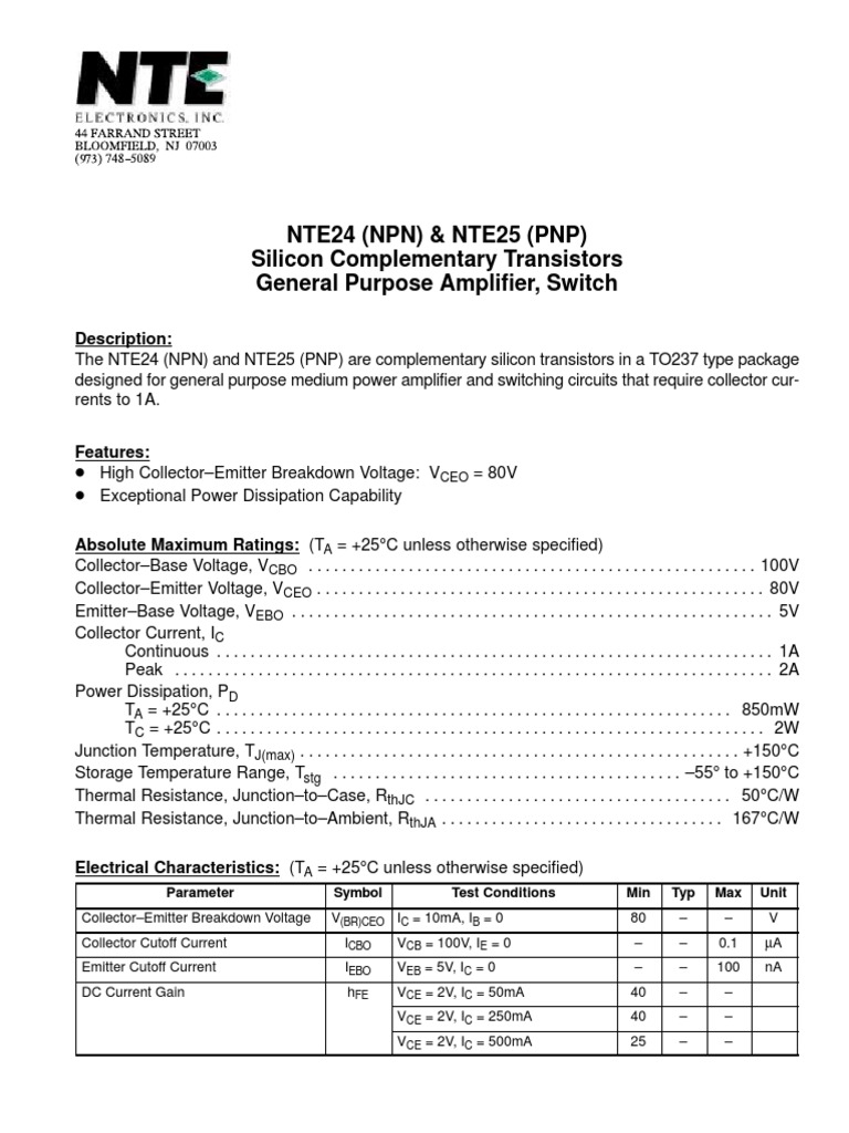 Transistor NTE324 NPN Si &ndash; Amplificatore AF Di Potenza 1W 2.0A