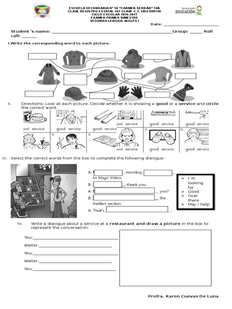 Examen Primer Bimestre Inglés I PDF