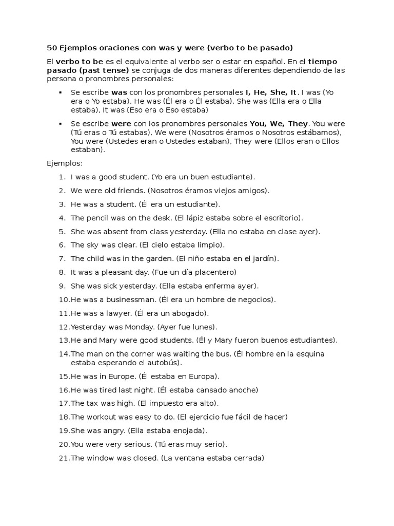 50 Ejemplos Oraciones Con Was y Were | PDF | Verbo | Asunto (gramática)