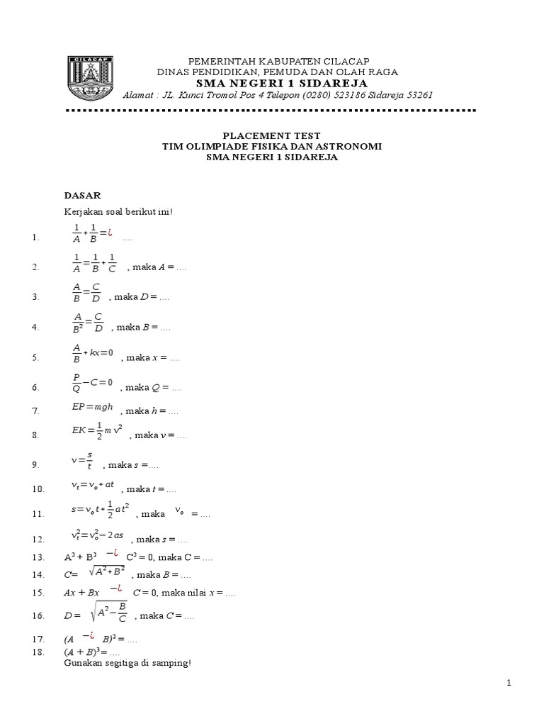 Soal Placement Test Tim Olimpiade Fisika Dan Astronomi