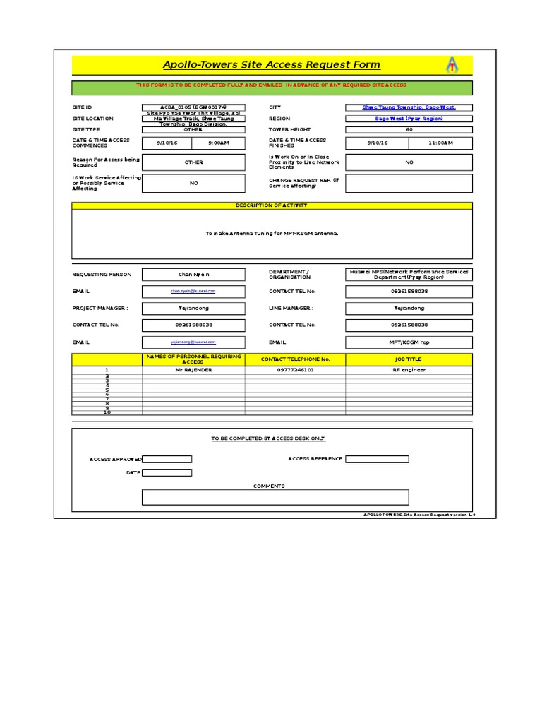 Apollo Towers Site Access Request Form | PDF