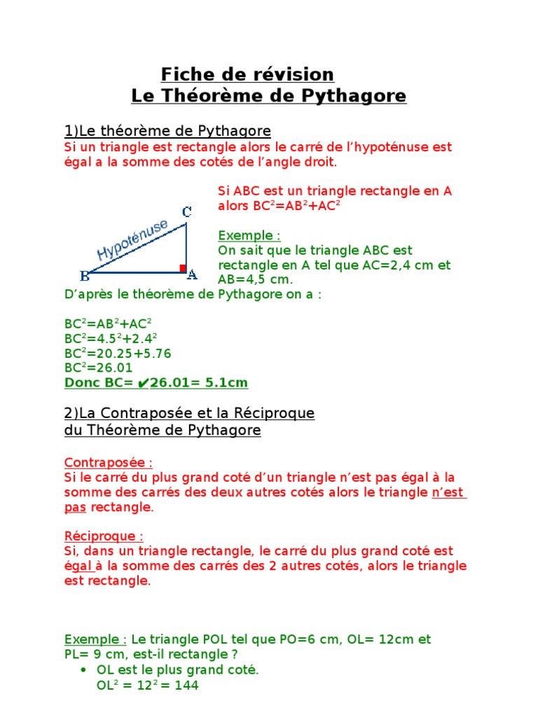 Fiche Révision 4ème à Imprimer Gratuit Fiche de Révision Le Théoreme de Pythagore | PDF