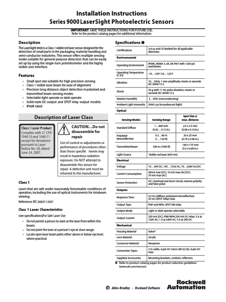 Installation Instructions Series 9000 Lasersight Photoelectric Sensors ...