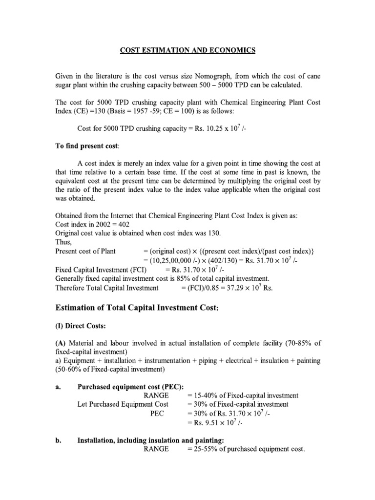 Sugar Plant Cost Estimation Calculations PDF PDF