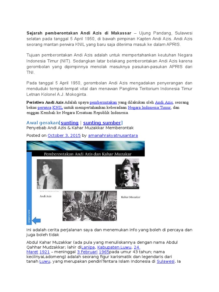 Pemberontakan Andi Azis Di Makassar Pada Tahun 1950 Disebabkan Oleh