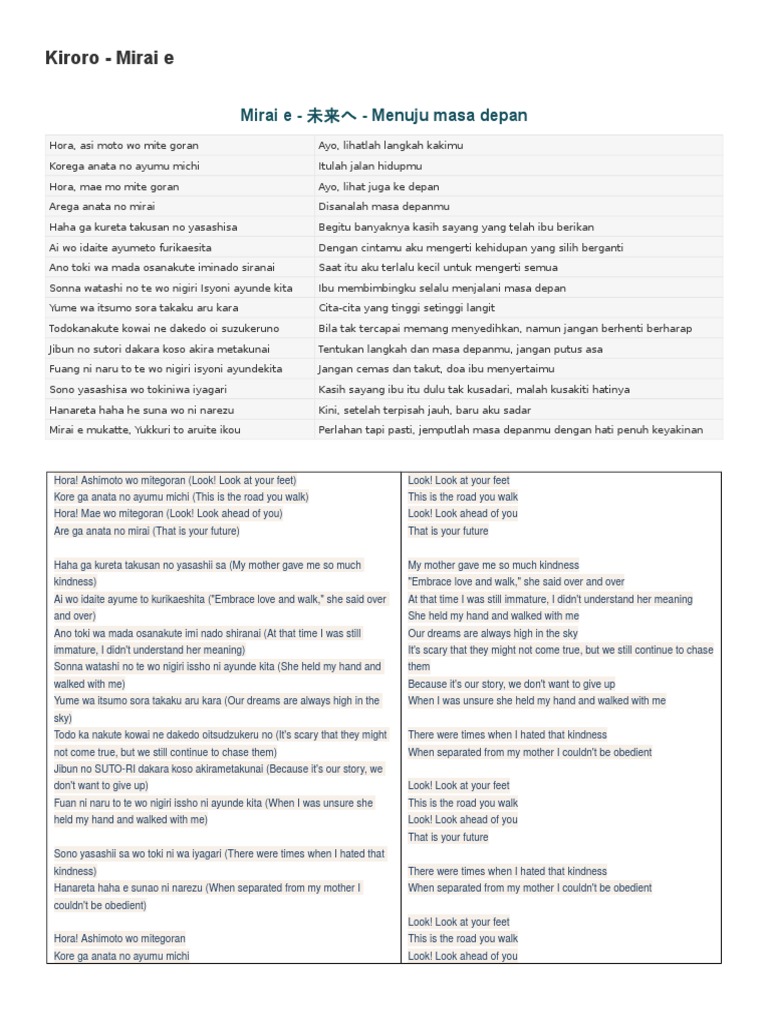 Kiroro Mirai e Lyrics PDF