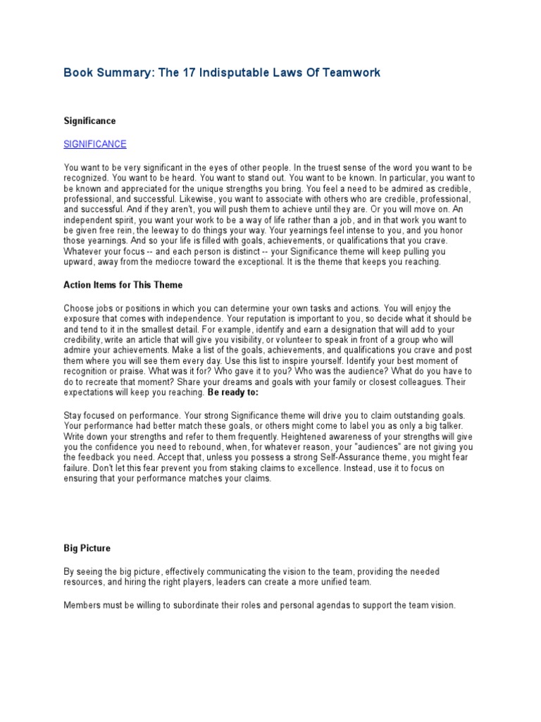 Book Summary: The 17 Indisputable Laws of Teamwork: Significance | PDF ...