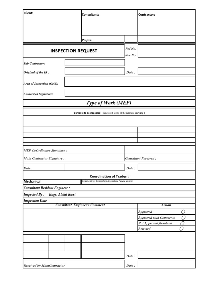 Inspection Request Type of Work (MEP)