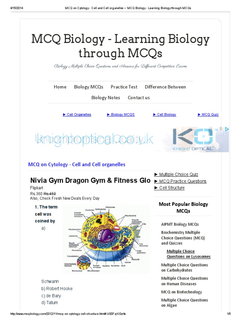 MCQ On Cytology Cell and Cell Organelles MCQ Biology Learning