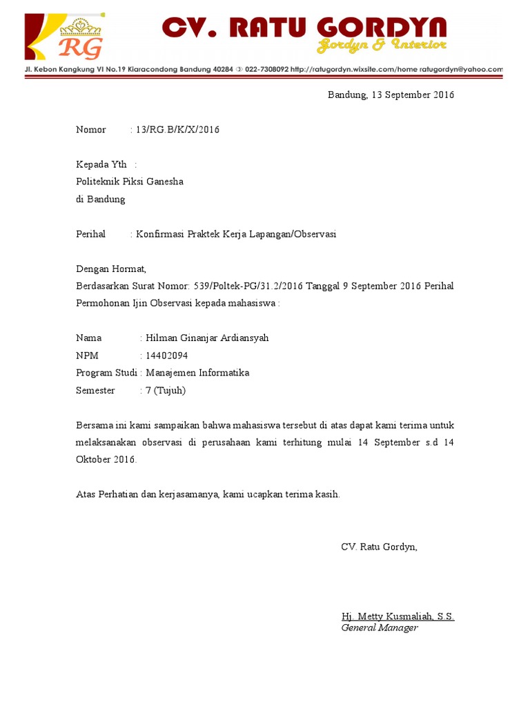 Surat Balasan Pkl Ratu Gordyn