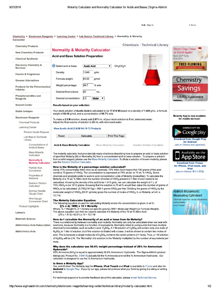 Molarity Calculator and Normality Calculator for Acids and Bases