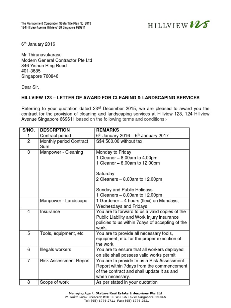 Letter of Award Cleaning & Landscaping 2016Jan