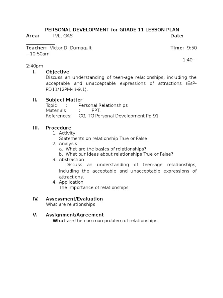 Grade 11 Personal Development Lesson Plan | PDF