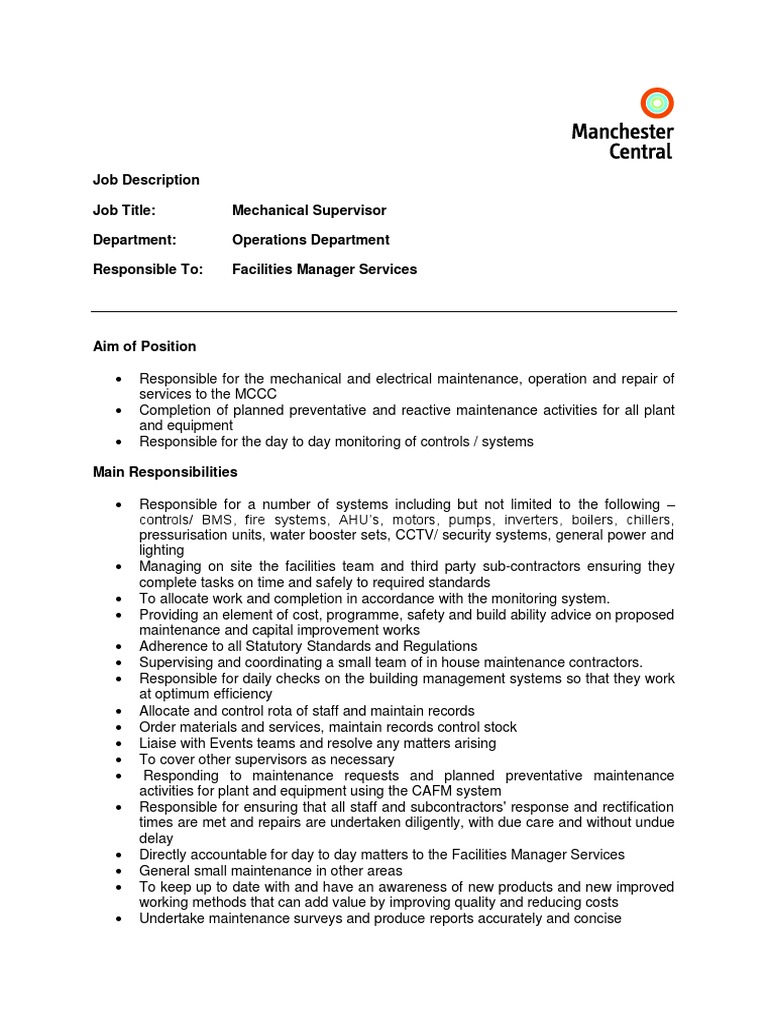 Mechanical Supervisor Job Description | PDF | Occupational Safety And