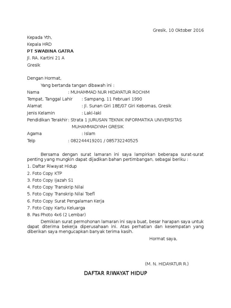 Contoh Surat Lamaran Kerja Pt Swabina Gatra - Berbagi Lamaran