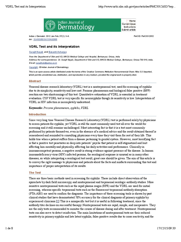 VDRL Test and Its Interpretation Infection Public Health
