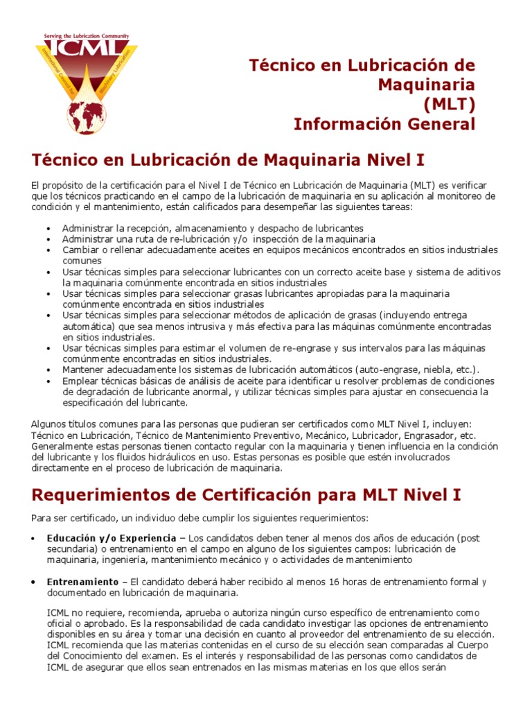 MLT I Information Spanish | PDF | Lubricante | Prueba (evaluación)