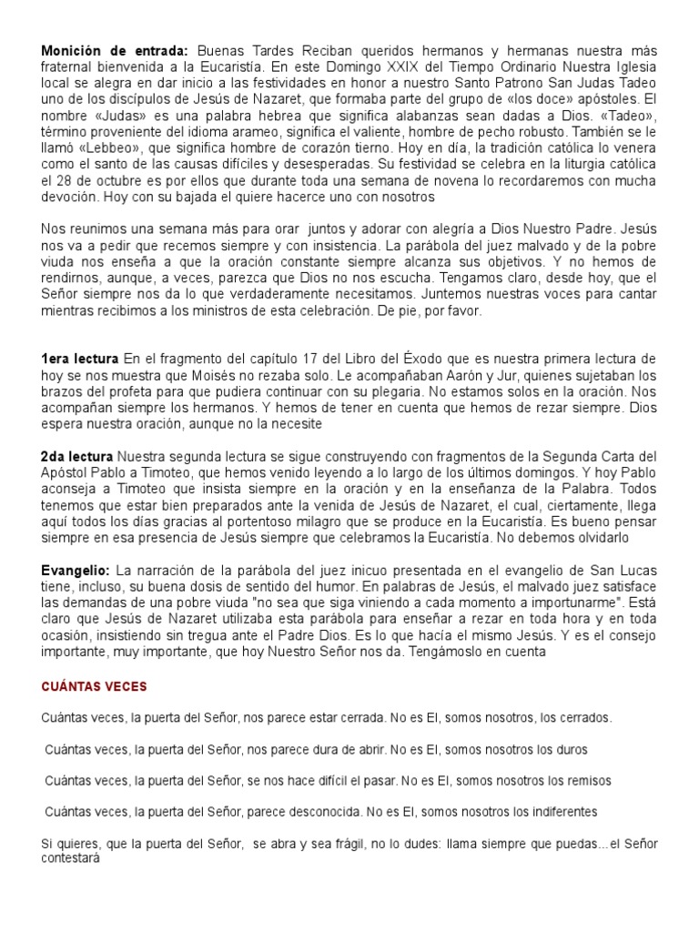 Monición de Entrada PDF Misa (liturgia) Oración