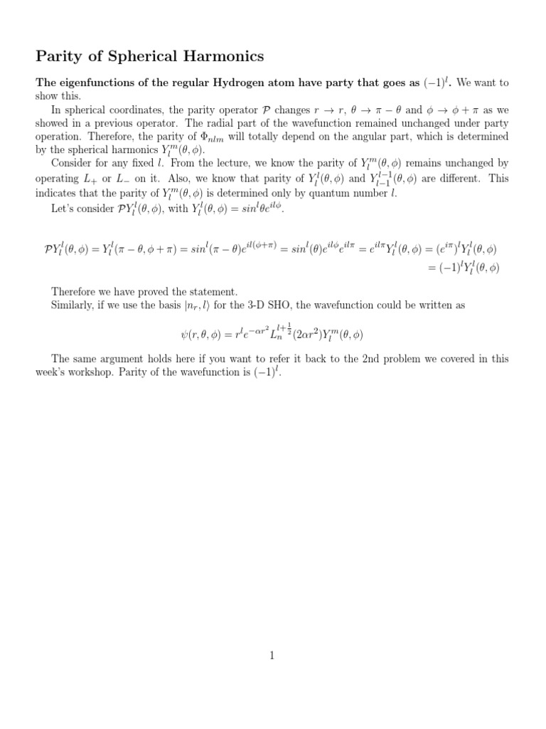 Parity of Spherical Harmonics PDF Wave Function Physics