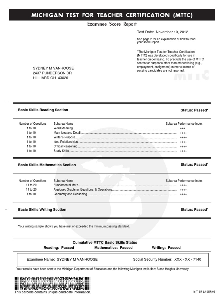 MTTC Basic Skills Test Score | PDF | Multiple Choice | Test (Assessment)