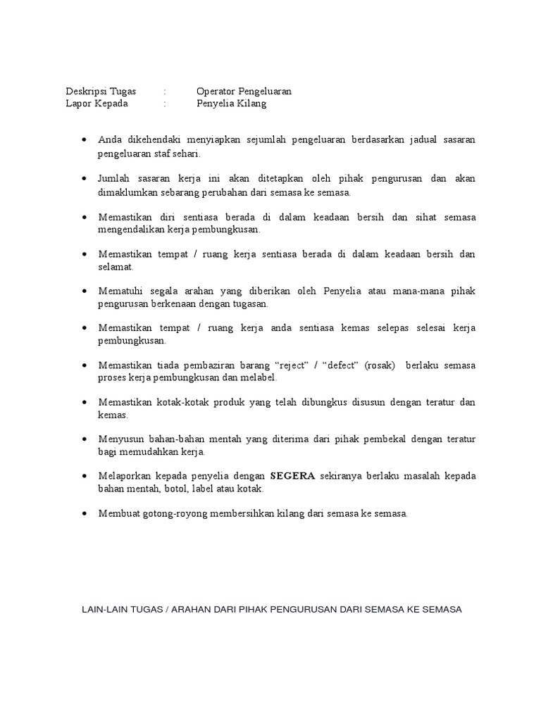 Contoh Resume Operator Kilang