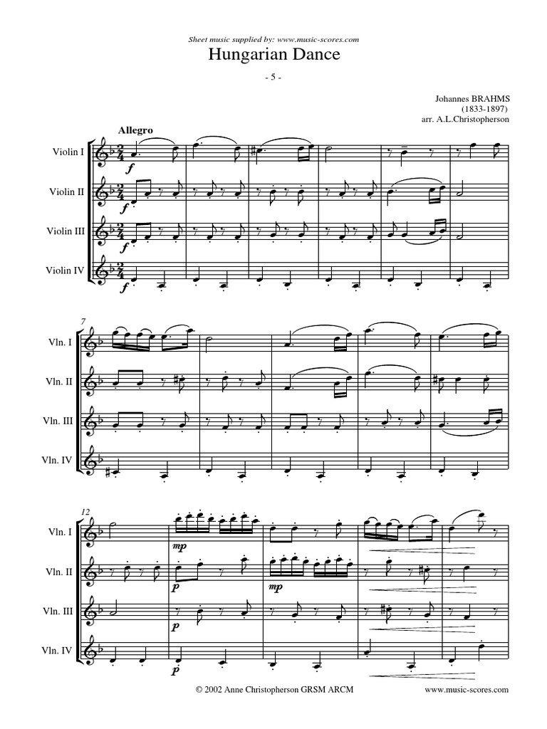 Hungarian Dance String Quartet Johannes Brahms Pdf Pdf