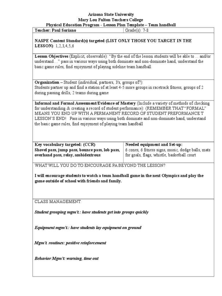 Lesson Plan Template Team Handball 91616 PDF Sports Learning