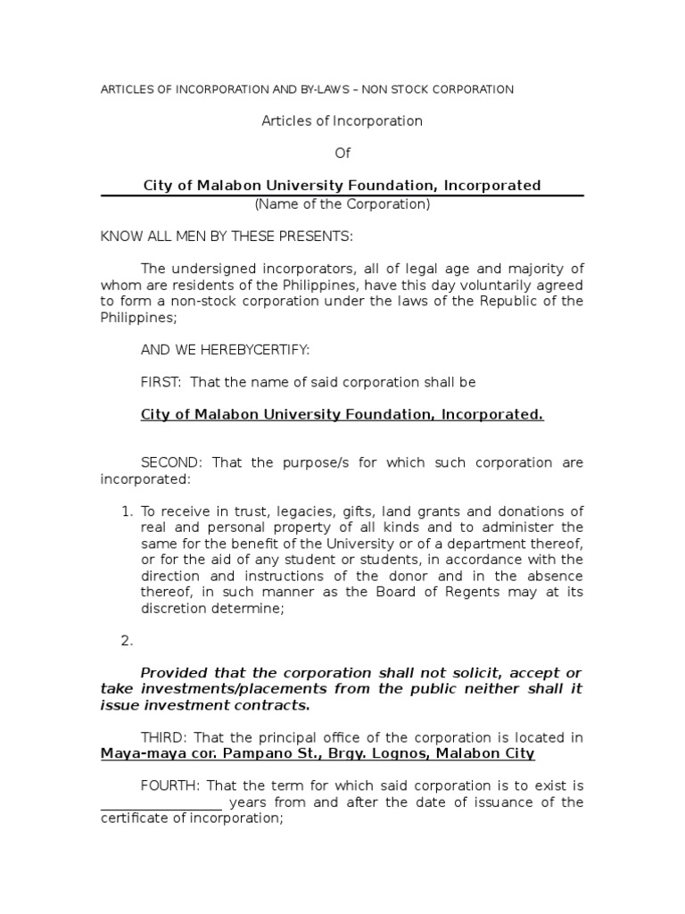 Articles of incorporation and bylaws sample image