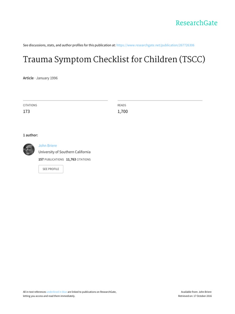 Trauma Symptom Checklist For Children TSCC | PDF | Dissociation ...