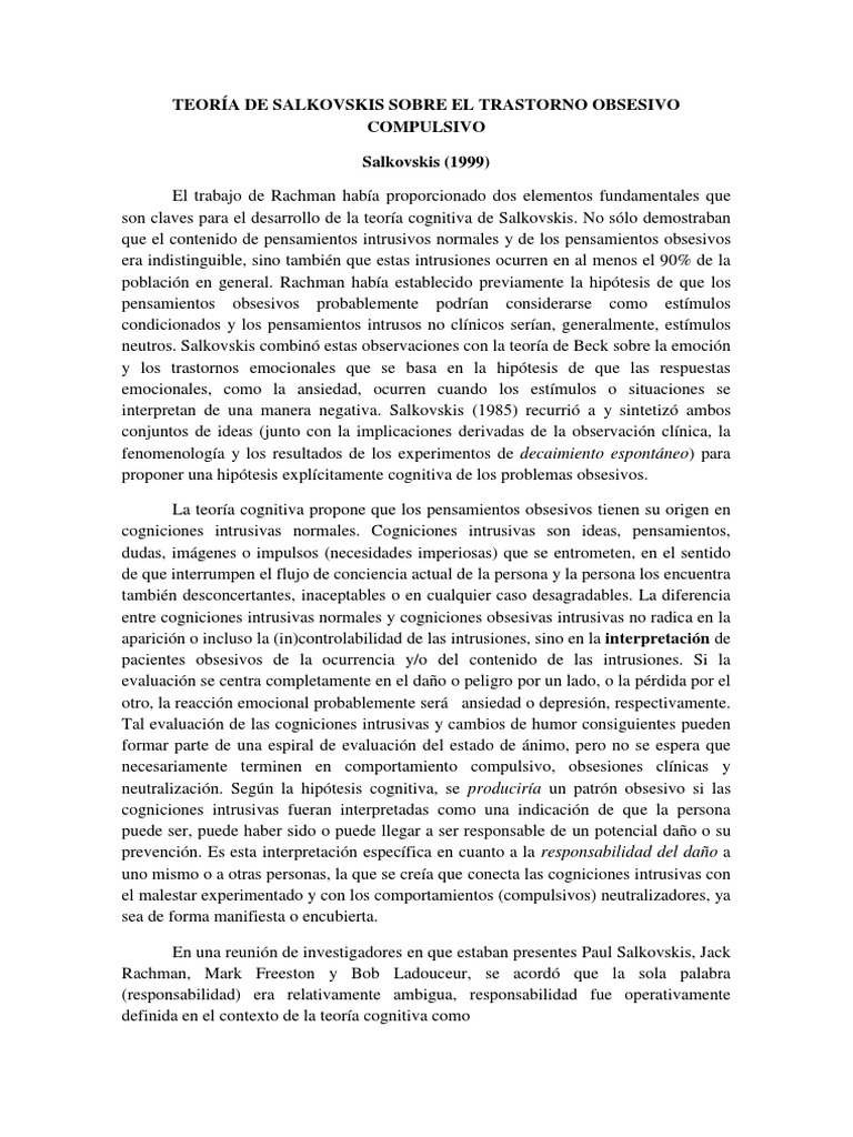 Teoría de Salkovskis Sobre El Trastorno Obsesivo Compulsivo | PDF ...