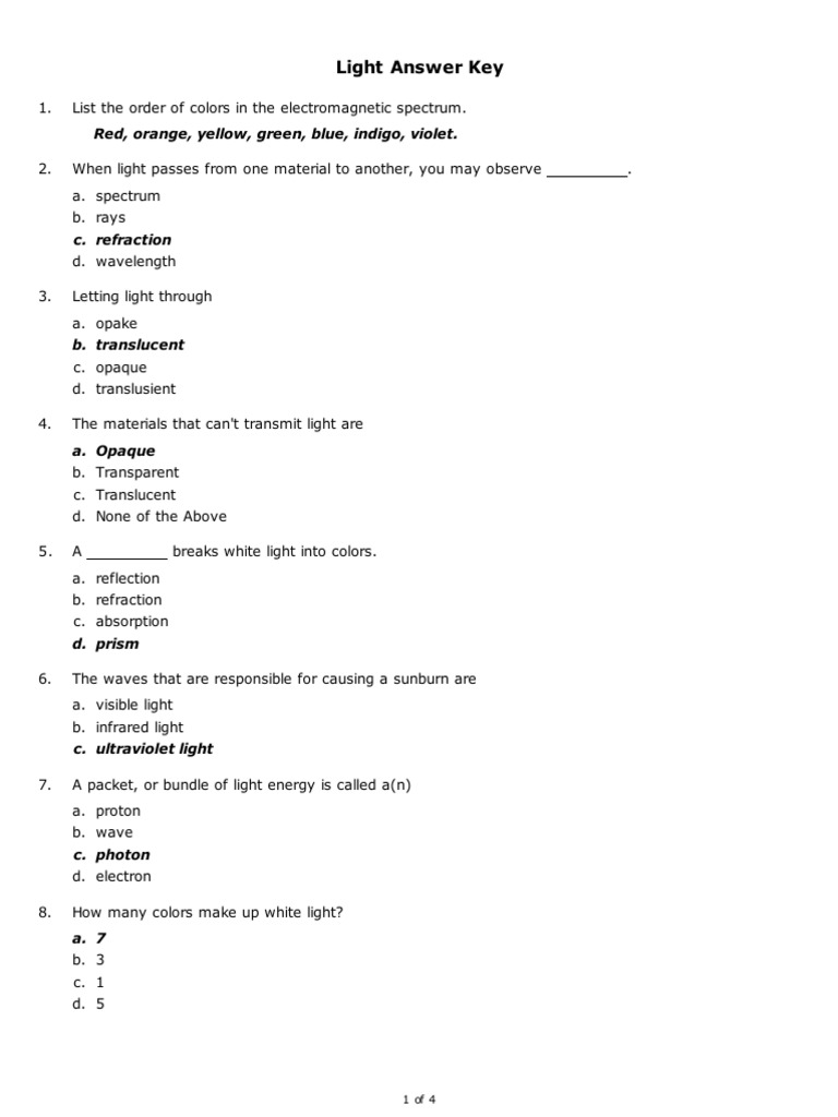 Light Answer Key Red, Orange, Yellow, Green, Blue, Indigo, Violet PDF Light