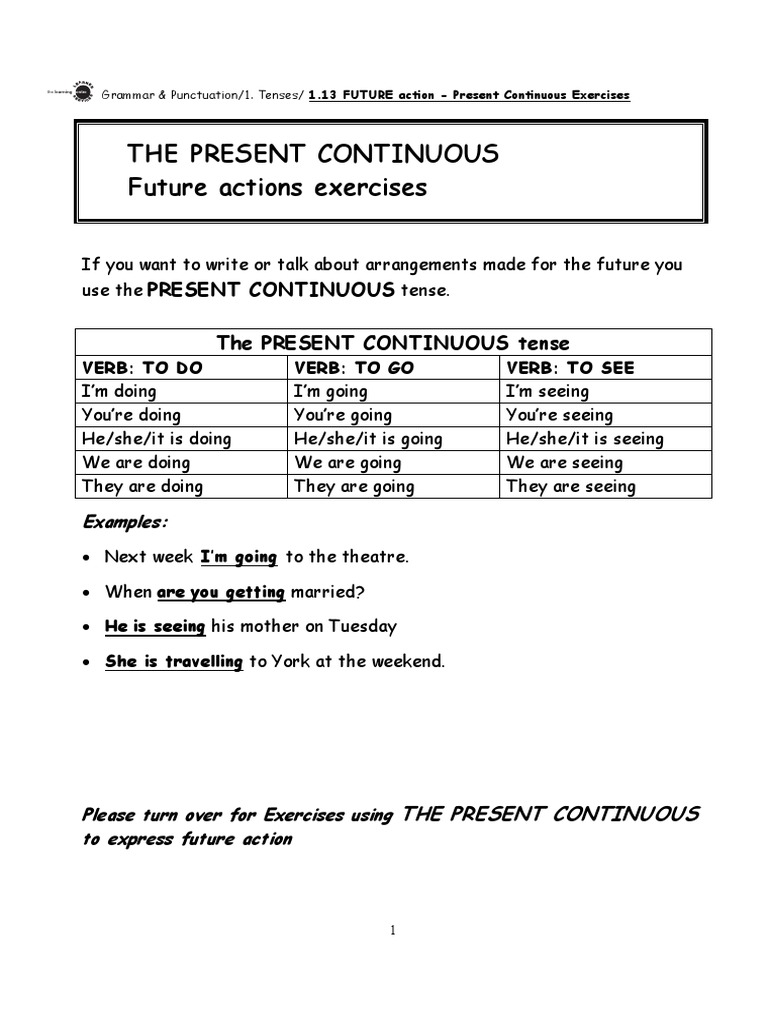 Present Continuous For Future Exercises Pdf