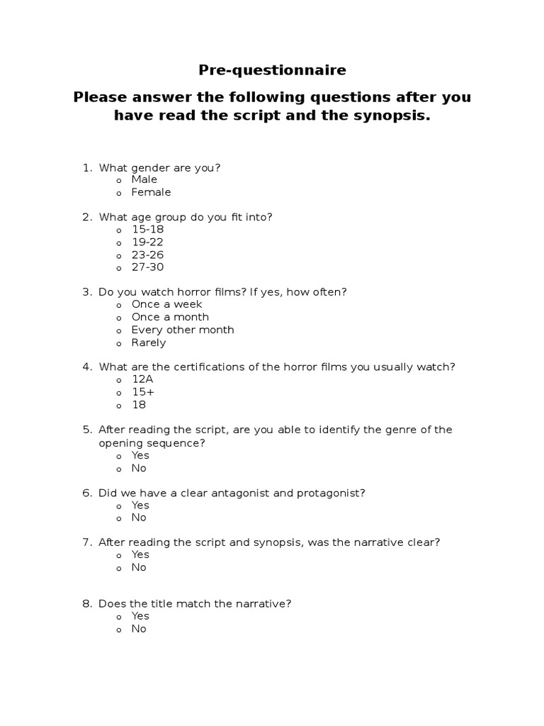 Pre-Questionnaire Please Answer The Following Questions After You Have ...