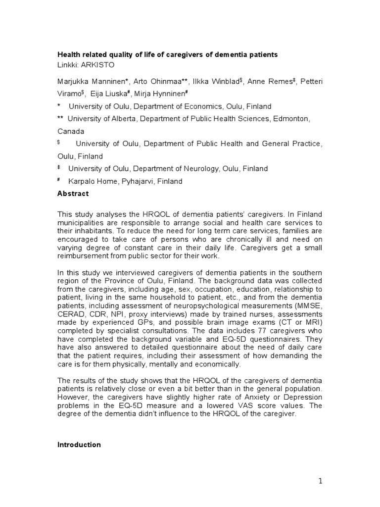 Caregiver Quality of Life in Dementia | PDF | Caregiver | Dementia