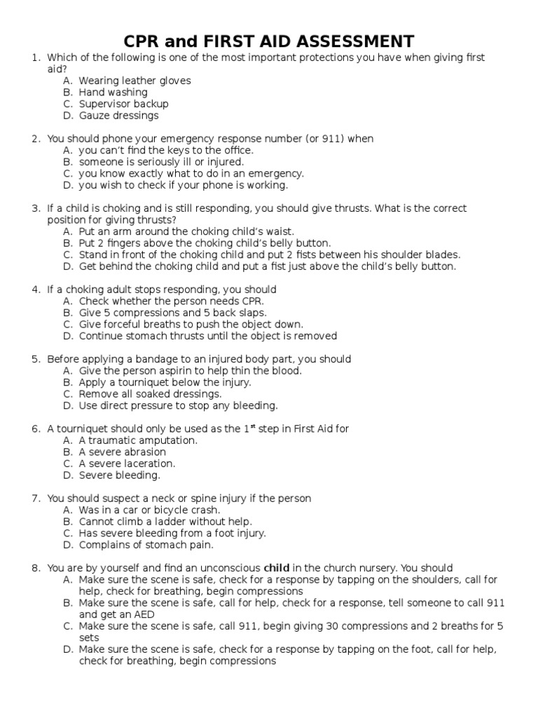 Cpr and First Aid Written Assessment Cardiopulmonary Resuscitation
