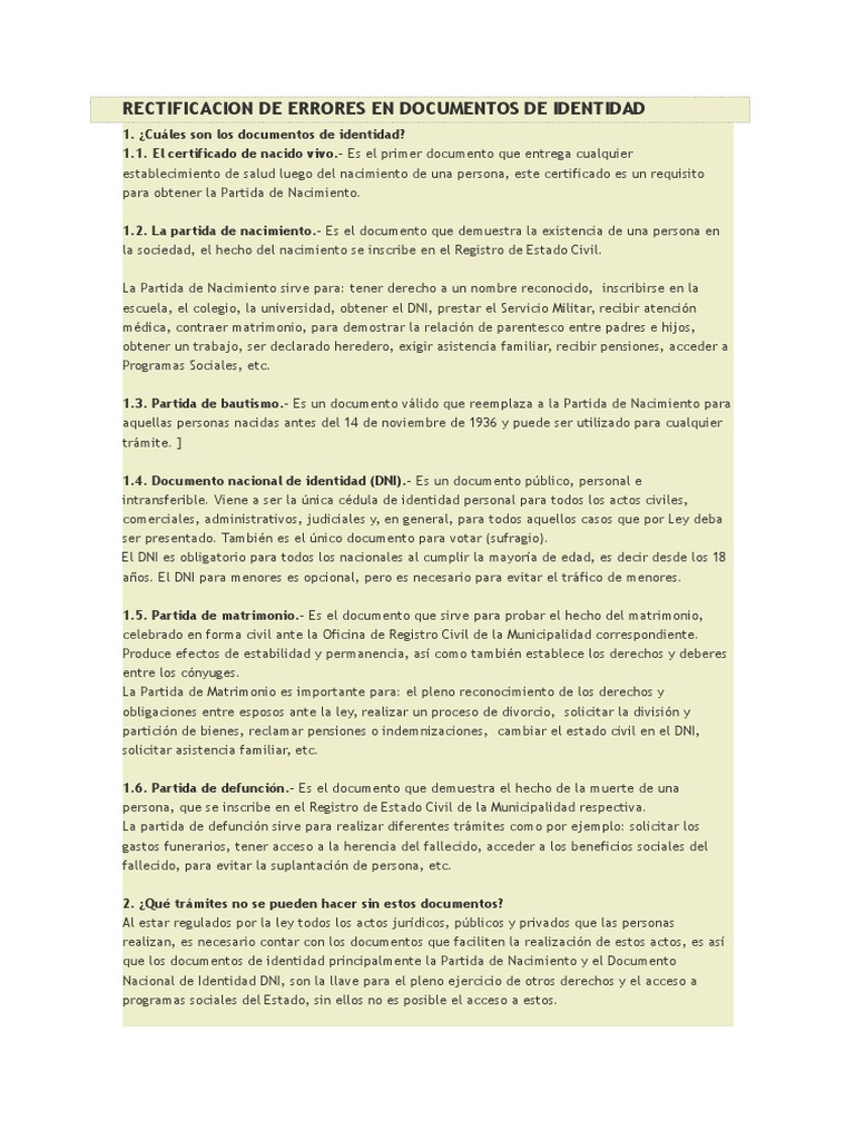 Rectificacion de Errores en Documentos de Identidad | PDF ...