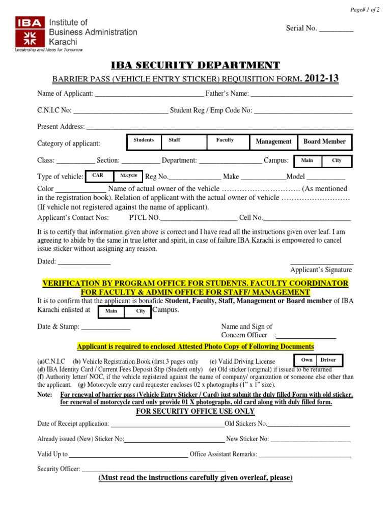 IBA Vehicle Entry Sticker Requisition Form | PDF | Vehicles | Police