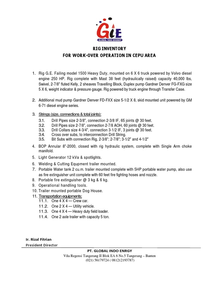Rig Inventory For Work-Over Operation in Cepu Area: Ir. Rizal Fitrian ...