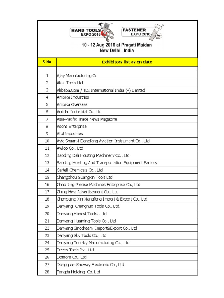 Exhibitors List HTF2016 Metalworking Manufactured Goods
