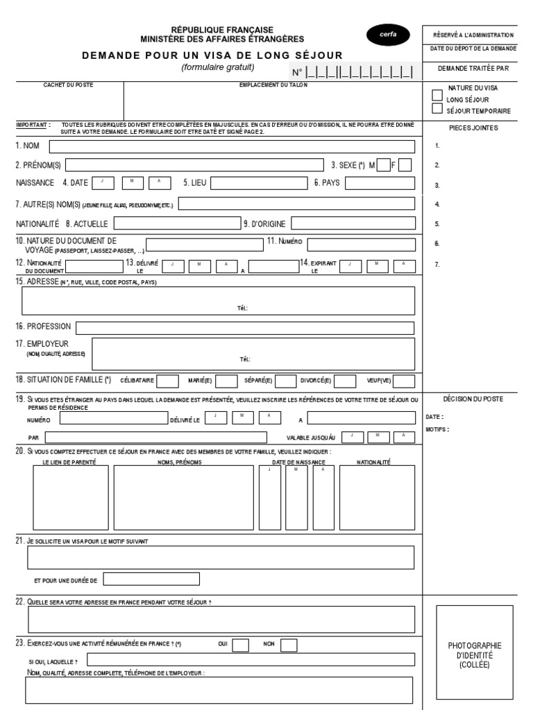 Formulaire visa long sejour
